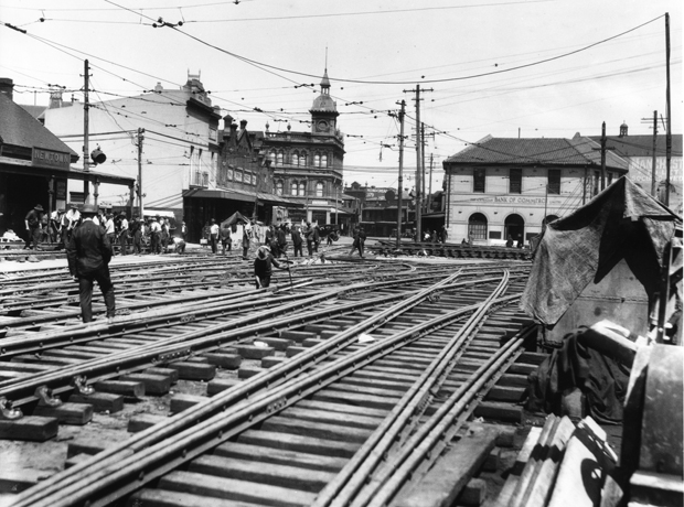 Tram tracks over King Street Bridge being relaid